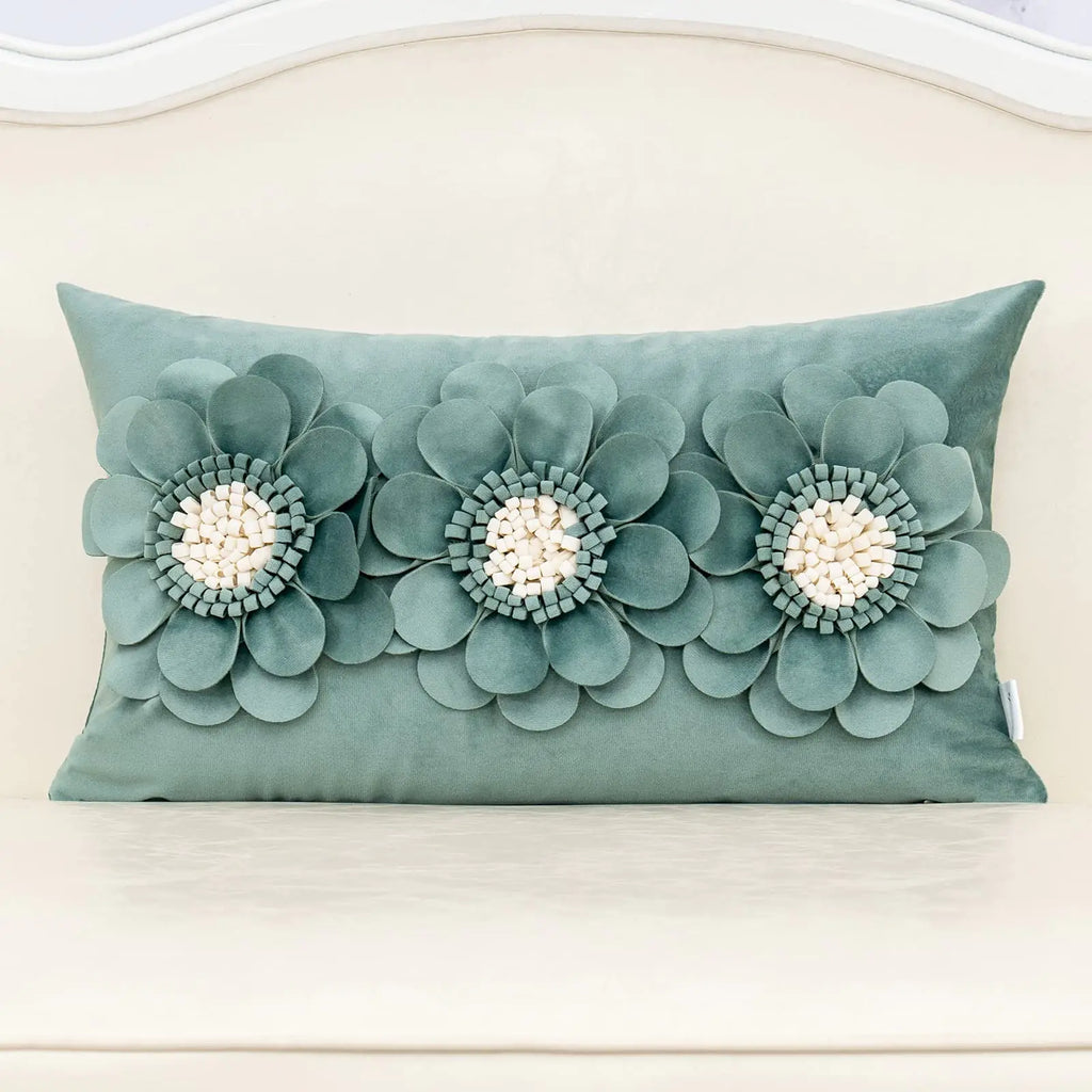 Alerfa 3D Flower Handmade Throw Pillow Cover Decorative Green Velvet Pillowcase Cushion Cover with Hidden Zipper for Couch Bed Living Room Home Decor 12x20 Inches