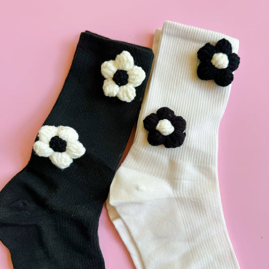 Puffy Daisy Embellished Socks Set Of 2 by Ellisonyoung.com