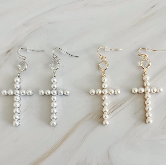 Pearl Cross Dangle Earrings by Ellisonyoung.com