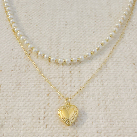 Pearls And Heart Locket Layered Necklace by Ellisonyoung.com