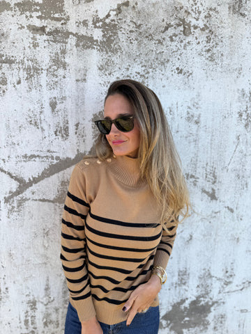 Striped Turtleneck Buttons Women's Knitted Sweater Top