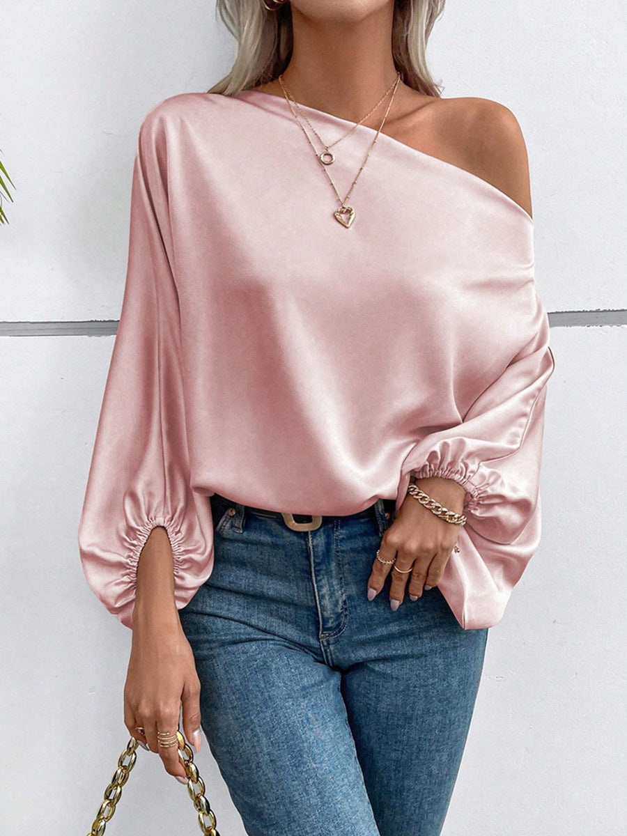 Women Clothing Winter off the Shoulder Satin Shirt Loose Asymmetry Top