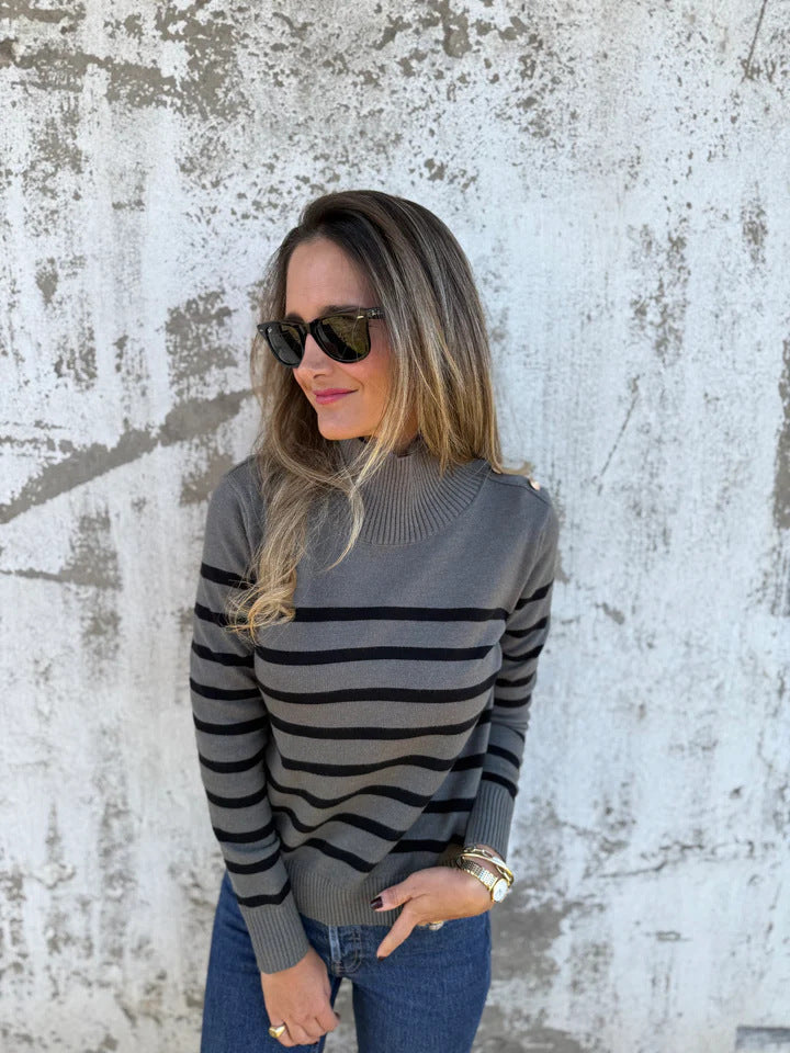 Striped Turtleneck Buttons Women's Knitted Sweater Top