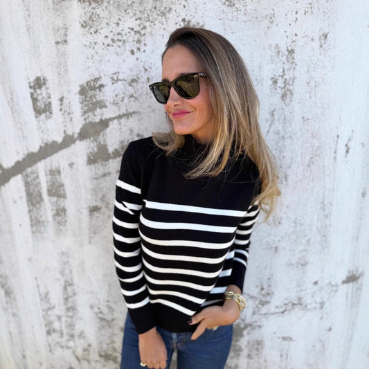 Striped Turtleneck Buttons Women's Knitted Sweater Top