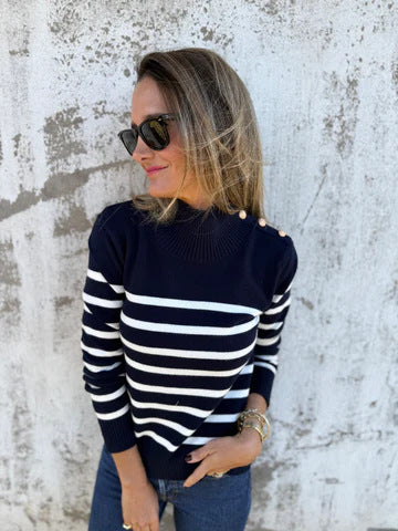 Striped Turtleneck Buttons Women's Knitted Sweater Top
