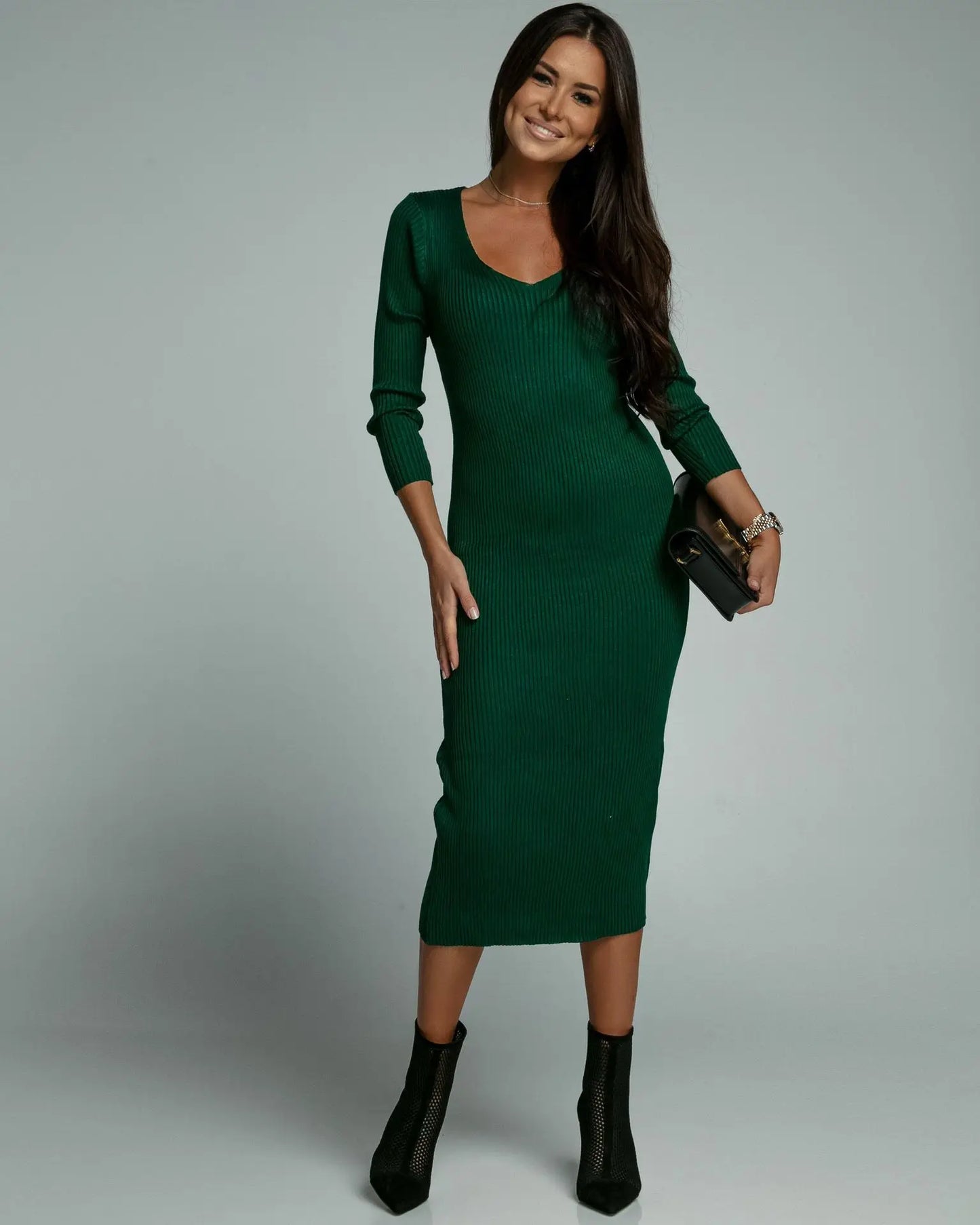 Women's V-Neck Solid Knitted Dress, Comfortable, Casual Clothing, Long Sleeved Dresses, Autumn, Winter, New Fashion