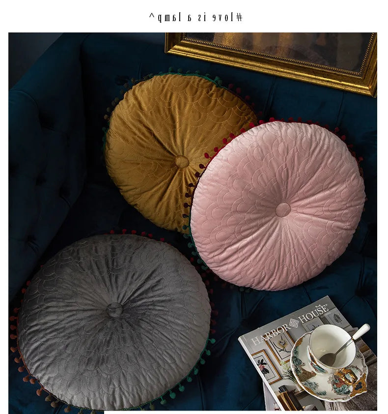 Nordic Style Tassel Dutch Velvet Pleated Round Seat Cushion Pillow Pouf