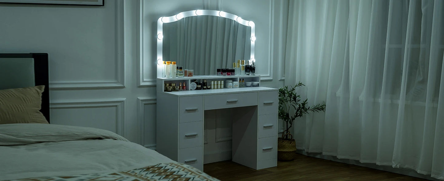 43.3" Vanity Desk with Large Lighted Mirror, 7 Drawers & 10 Lights Bulbs, 3 Lighting Colors, Vanity Table