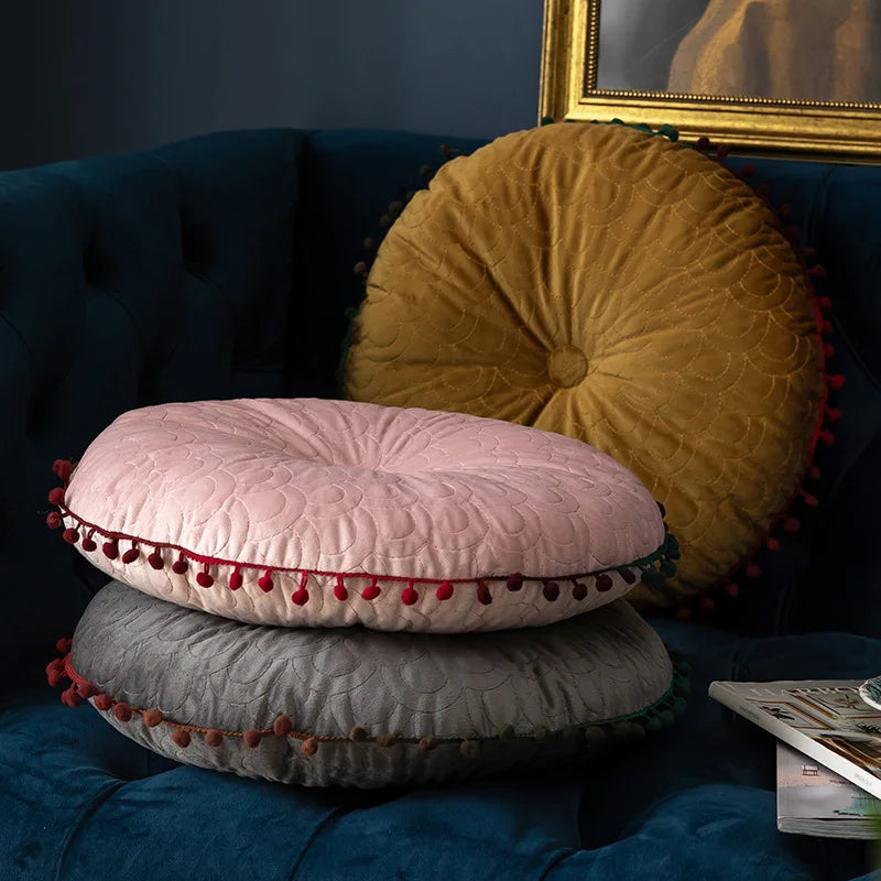 Nordic Style Tassel Dutch Velvet Pleated Round Seat Cushion Pillow Pouf