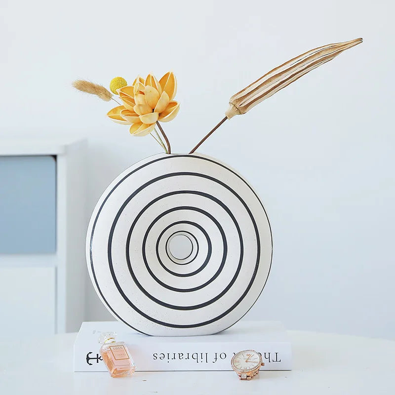 DecorBites™ Geometric Stripes Ceramic Vase with Round Cut-outs for Home Decor