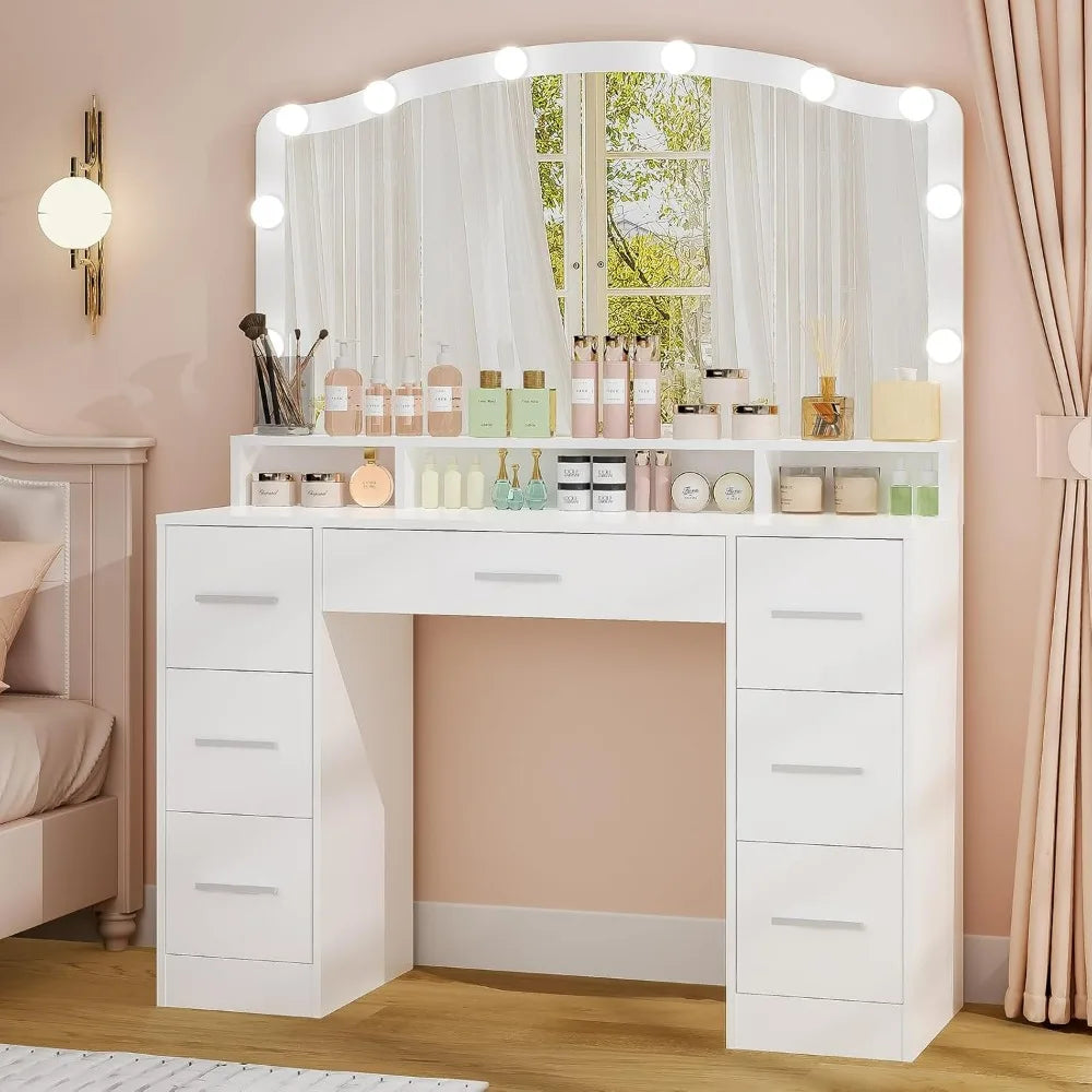 43.3" Vanity Desk with Large Lighted Mirror, 7 Drawers & 10 Lights Bulbs, 3 Lighting Colors, Vanity Table