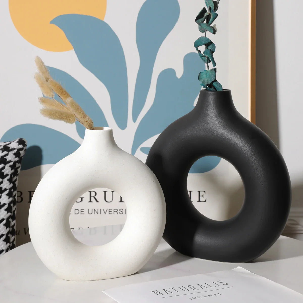 Nordic Ceramic Hollow Donut Vase - Modern Round Flower Pot for Home, Living Room & Office Decor