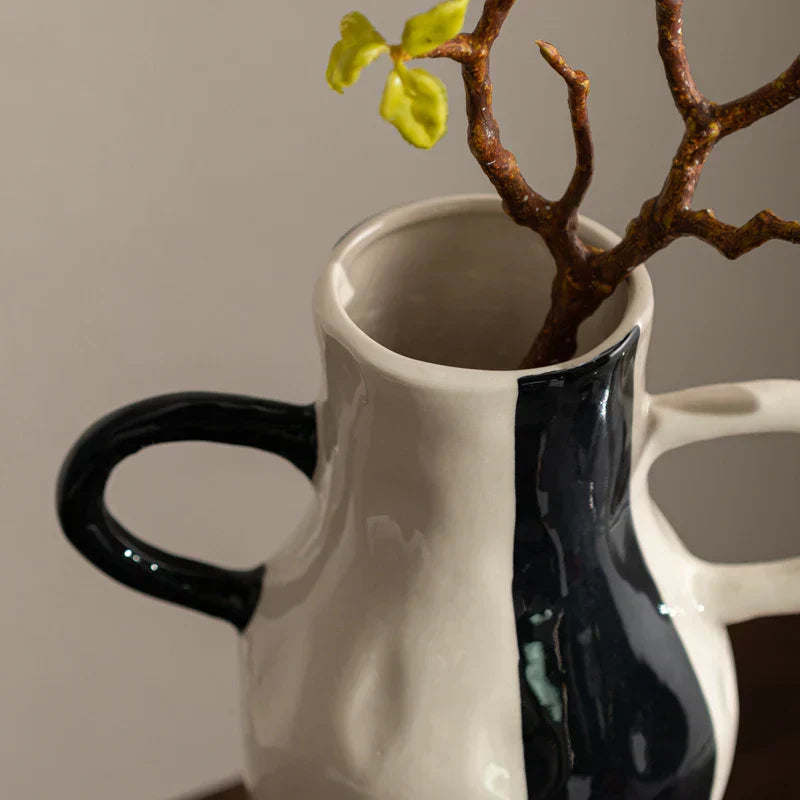 DecorBites™ Geometric Check Pattern Ceramic Vase with Handle for Home Decoration