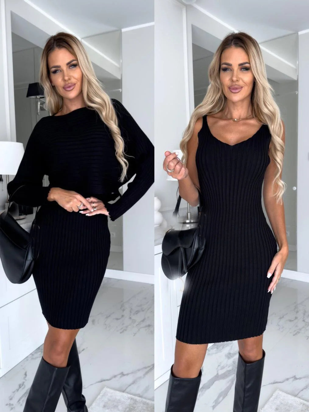 Fashion Long Sleeve Knitted Sweater and Dress Two Piece Sets for Women 2025