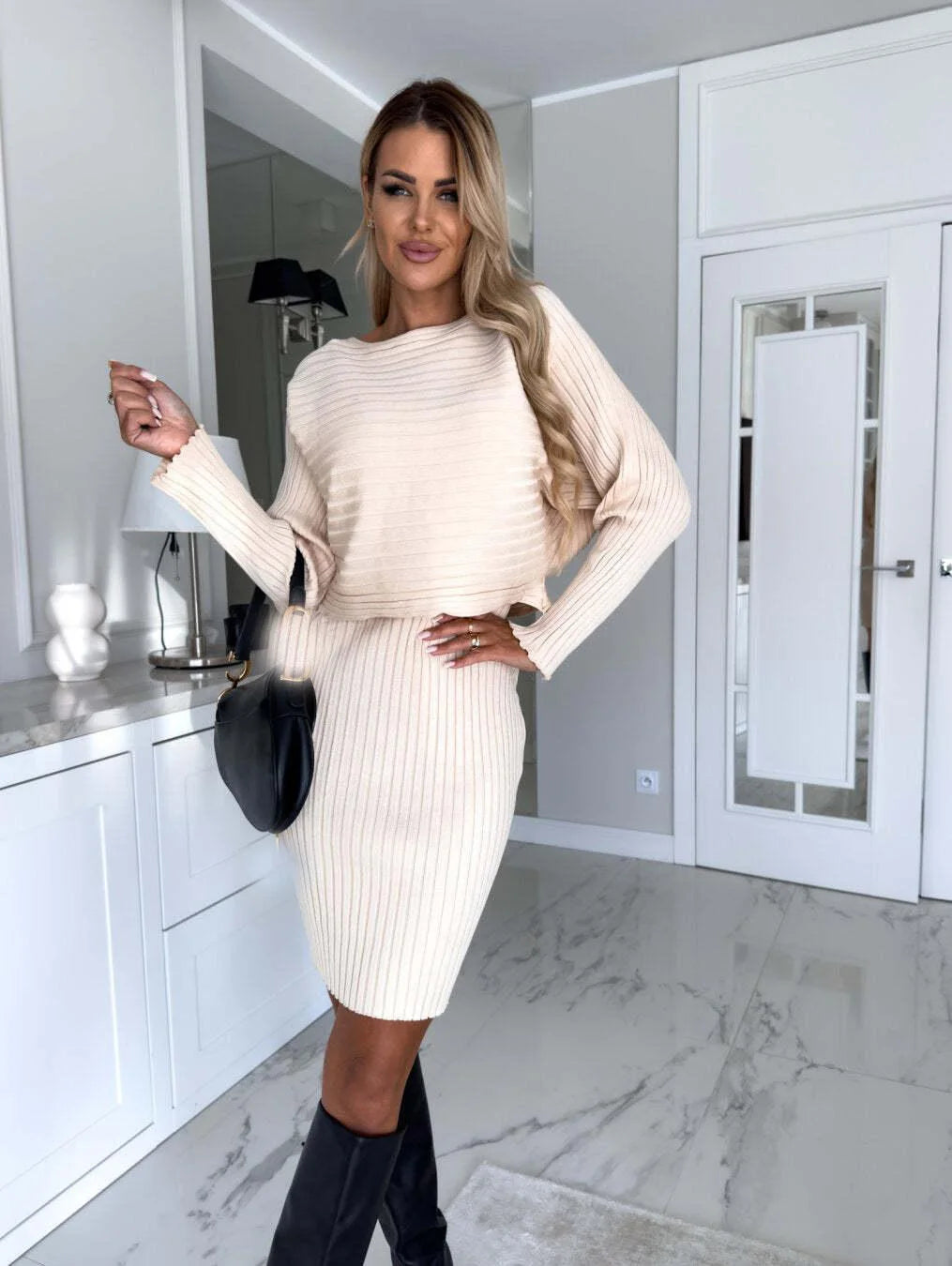 Fashion Long Sleeve Knitted Sweater and Dress Two Piece Sets for Women 2025