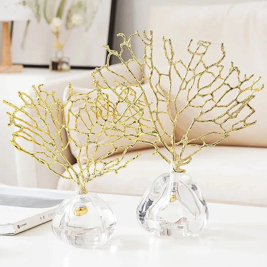 Nordic Luxury Metal Coral Decoration Gold-plated Crystal Base Living Room Exquisite Handicraft Home Furnishings