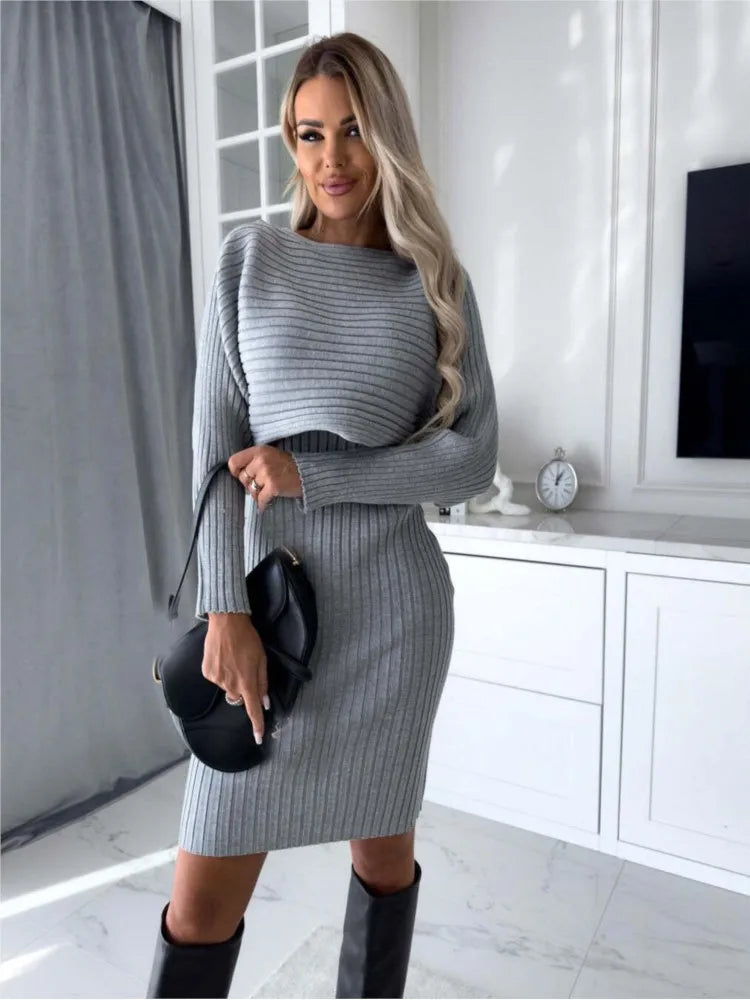 Fashion Long Sleeve Knitted Sweater and Dress Two Piece Sets for Women 2025