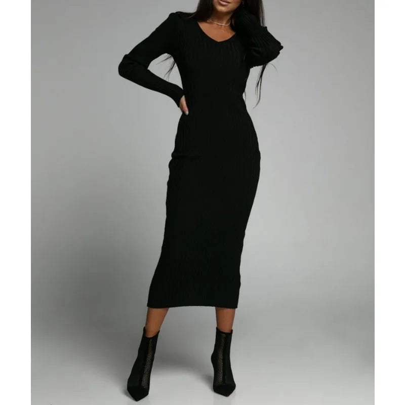 Women's V-Neck Solid Knitted Dress, Comfortable, Casual Clothing, Long Sleeved Dresses, Autumn, Winter, New Fashion