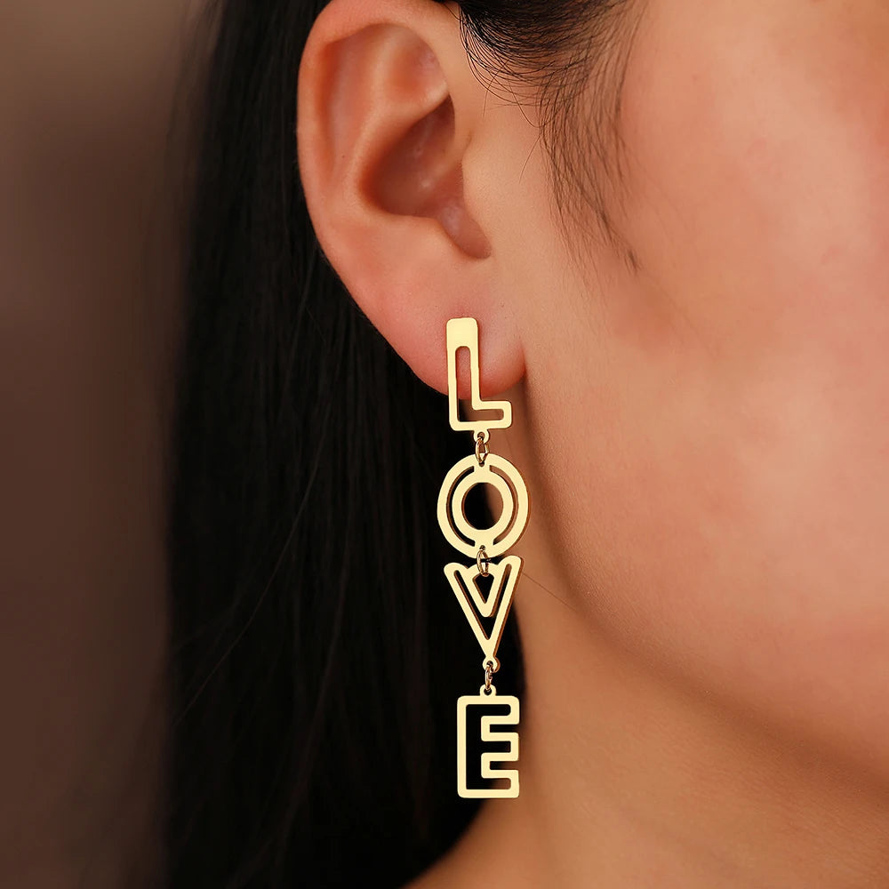 Stainless Steel Earrings 2025 Trend Fine Letters LOVE Hollow Pendants Earrings