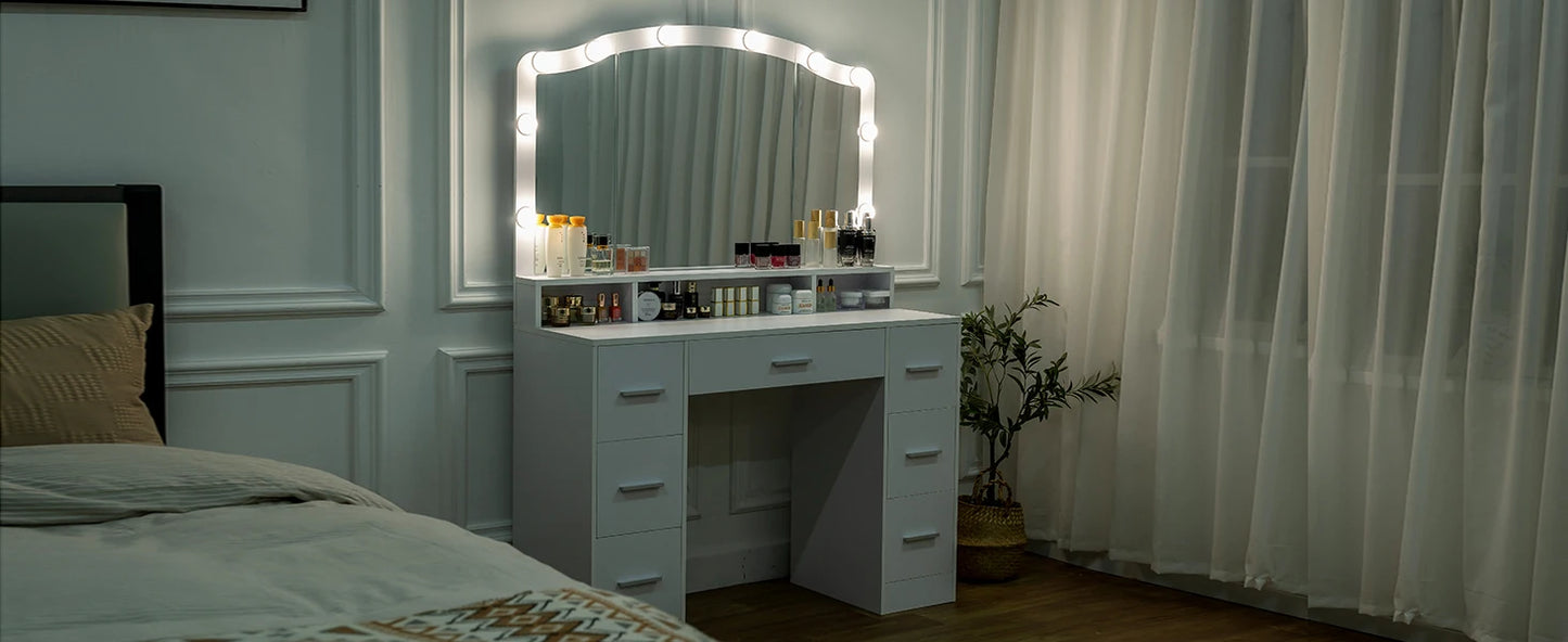 43.3" Vanity Desk with Large Lighted Mirror, 7 Drawers & 10 Lights Bulbs, 3 Lighting Colors, Vanity Table