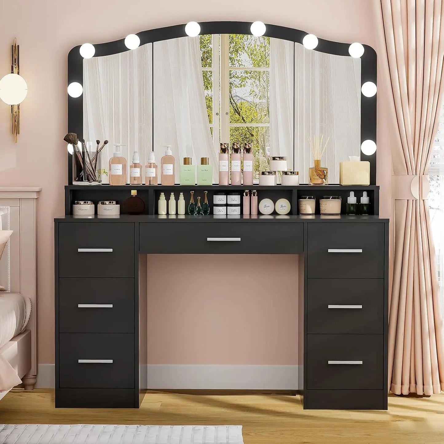 43.3" Vanity Desk with Large Lighted Mirror, 7 Drawers & 10 Lights Bulbs, 3 Lighting Colors, Vanity Table