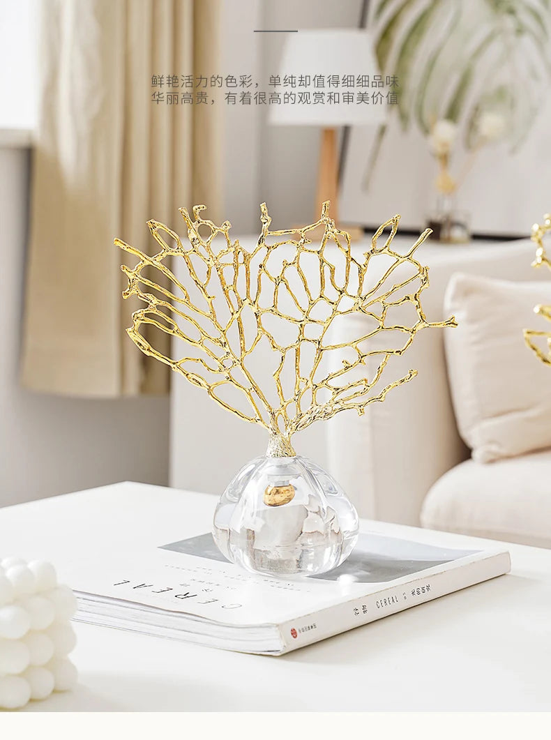 Nordic Luxury Metal Coral Decoration Gold-plated Crystal Base Living Room Exquisite Handicraft Home Furnishings