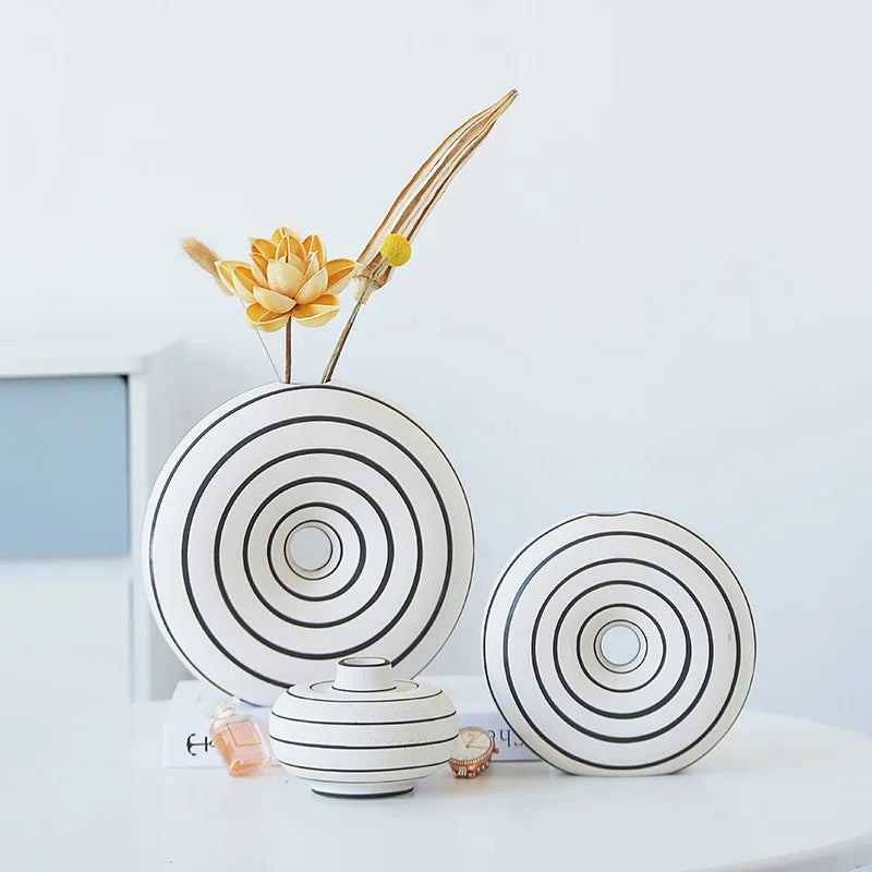 DecorBites™ Geometric Stripes Ceramic Vase with Round Cut-outs for Home Decor