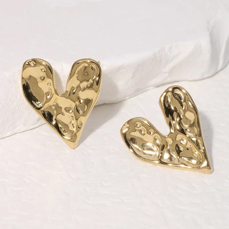 Big Heart Golden Stud Earrings for Women Simple Exaggerated Liquid Irregular Fold Temperament Smooth Creative Jewelry