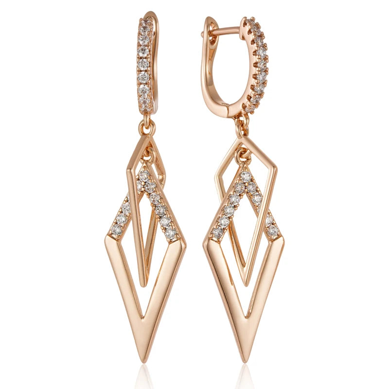 Kinel Fashion Glossy Hollow Rhombus Drop Earring for Women Unusual Natural Zircon 585 Rose Gold Color Daily Fine Ethnic Jewelry