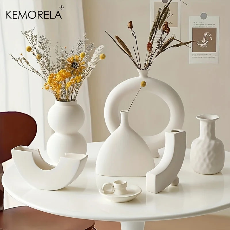 Nordic Ceramic Donut Vase – Hollow Circle Centerpiece Flower Pot for Home, Living Room & Office Desktop Decor Gift