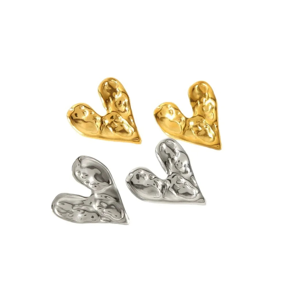 Big Heart Golden Stud Earrings for Women Simple Exaggerated Liquid Irregular Fold Temperament Smooth Creative Jewelry