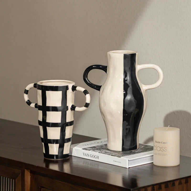 DecorBites™ Geometric Check Pattern Ceramic Vase with Handle for Home Decoration
