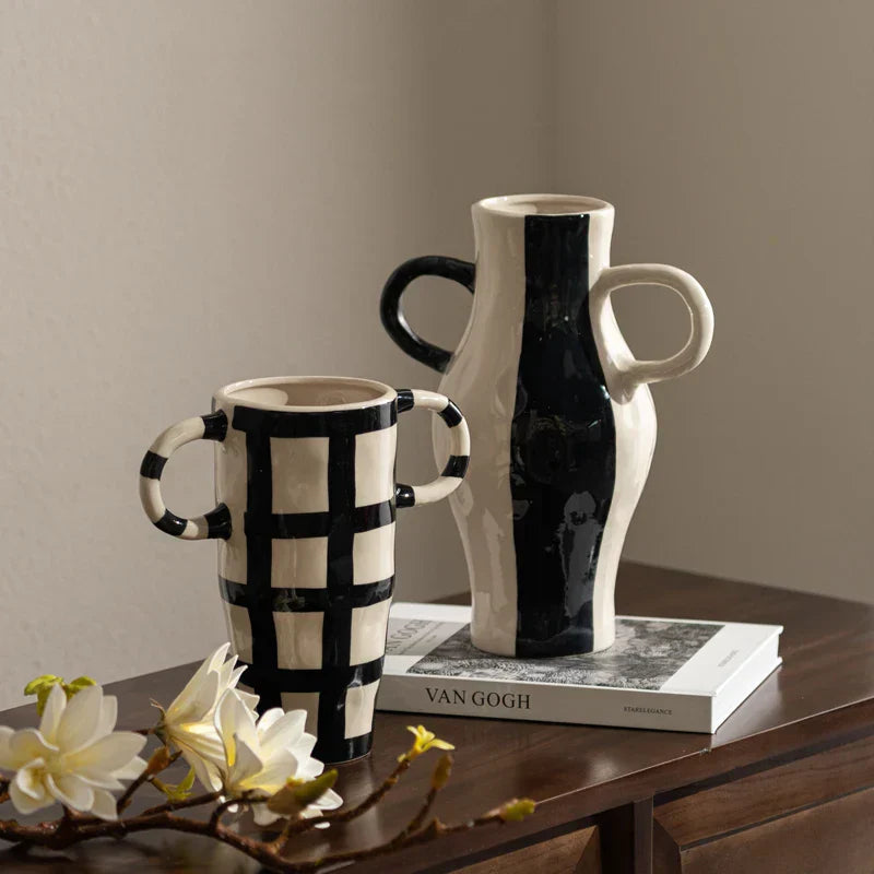DecorBites™ Geometric Check Pattern Ceramic Vase with Handle for Home Decoration