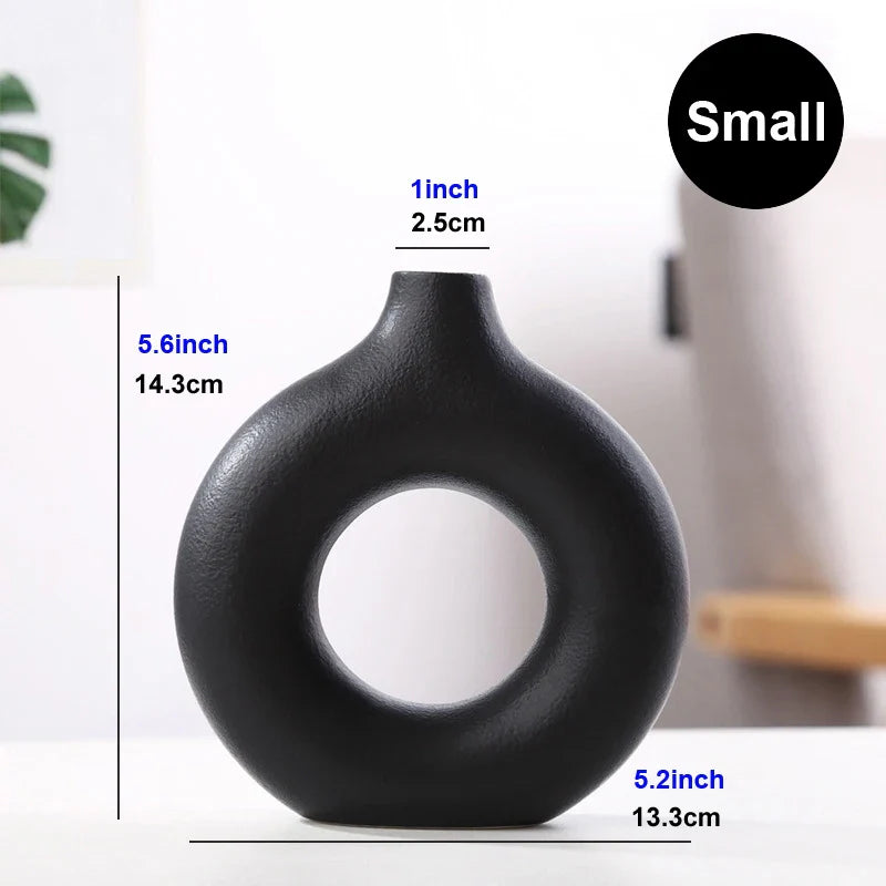 Nordic Ceramic Hollow Donut Vase - Modern Round Flower Pot for Home, Living Room & Office Decor