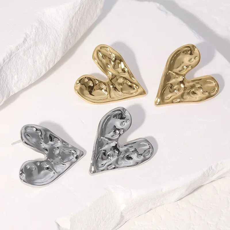 Big Heart Golden Stud Earrings for Women Simple Exaggerated Liquid Irregular Fold Temperament Smooth Creative Jewelry