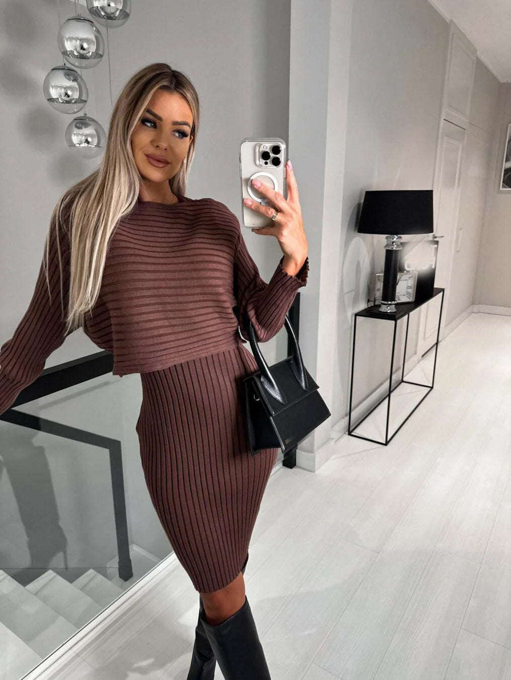 Fashion Long Sleeve Knitted Sweater and Dress Two Piece Sets for Women 2025