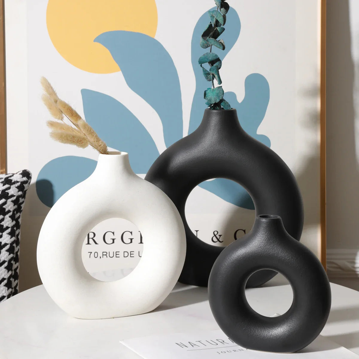 Nordic Ceramic Hollow Donut Vase - Modern Round Flower Pot for Home, Living Room & Office Decor