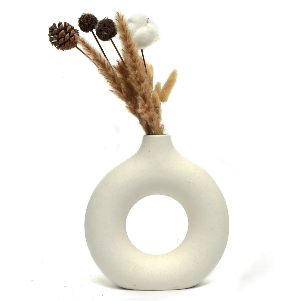 Nordic Ceramic Hollow Donut Vase - Modern Round Flower Pot for Home, Living Room & Office Decor