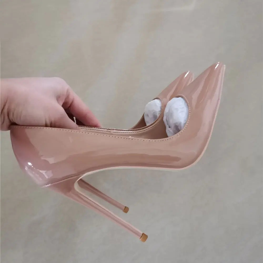 New Nude Shiny Patent Leather Sexy Pumps 12cm High Heel