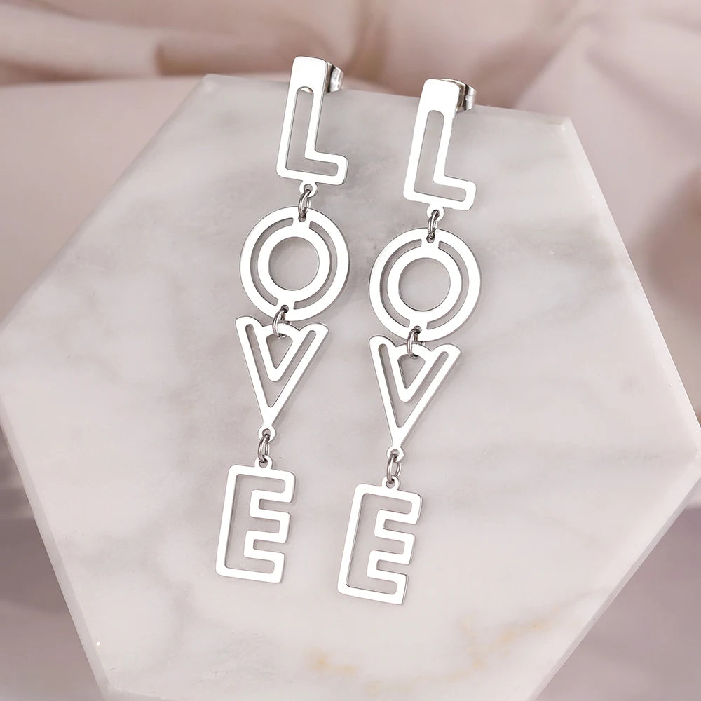 Stainless Steel Earrings 2025 Trend Fine Letters LOVE Hollow Pendants Earrings