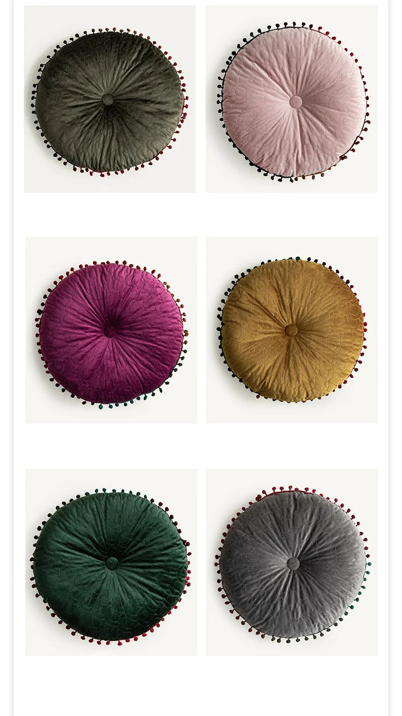 Nordic Style Tassel Dutch Velvet Pleated Round Seat Cushion Pillow Pouf