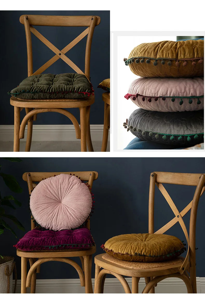 Nordic Style Tassel Dutch Velvet Pleated Round Seat Cushion Pillow Pouf