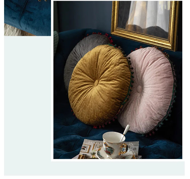 Nordic Style Tassel Dutch Velvet Pleated Round Seat Cushion Pillow Pouf