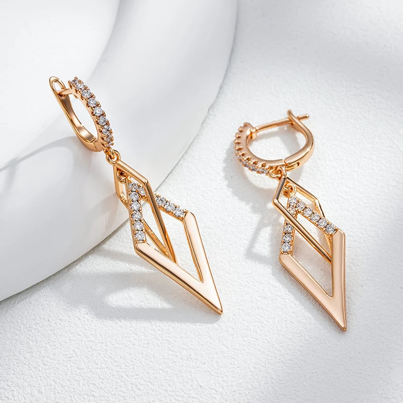 Kinel Fashion Glossy Hollow Rhombus Drop Earring for Women Unusual Natural Zircon 585 Rose Gold Color Daily Fine Ethnic Jewelry