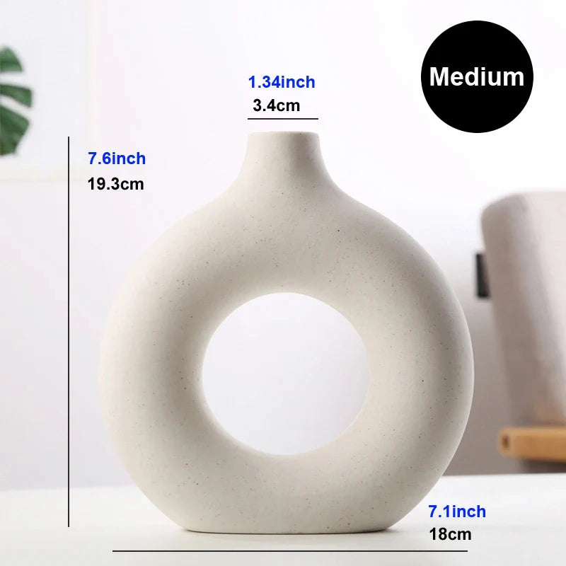 Nordic Ceramic Hollow Donut Vase - Modern Round Flower Pot for Home, Living Room & Office Decor