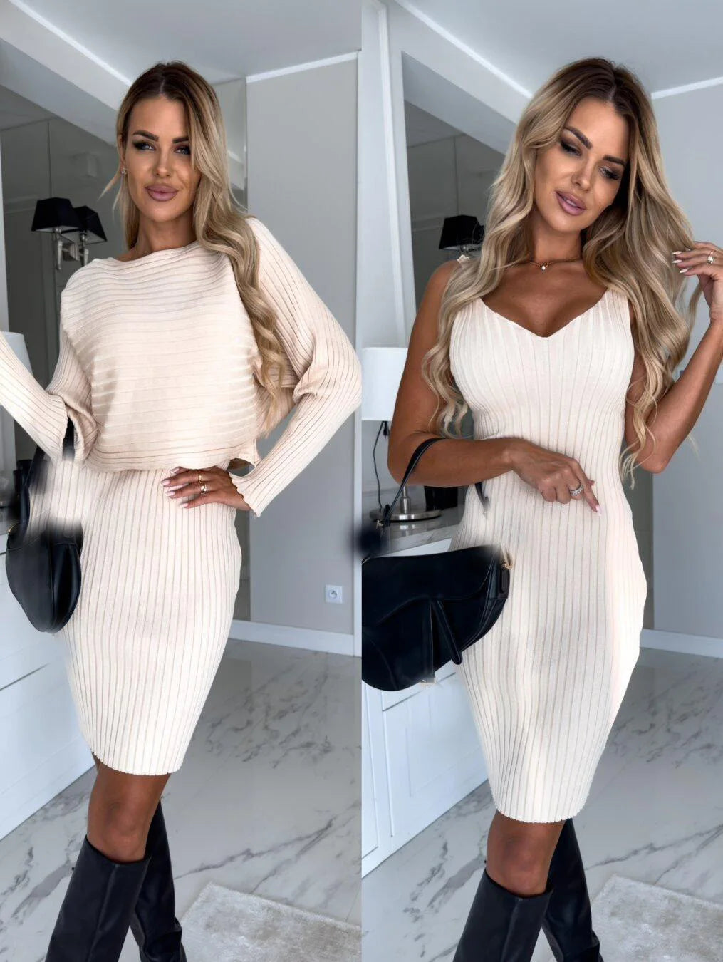 Fashion Long Sleeve Knitted Sweater and Dress Two Piece Sets for Women 2025