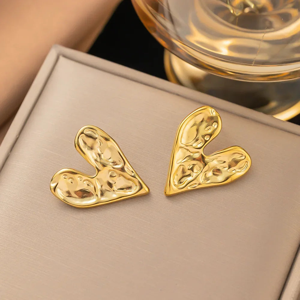 Big Heart Golden Stud Earrings for Women Simple Exaggerated Liquid Irregular Fold Temperament Smooth Creative Jewelry