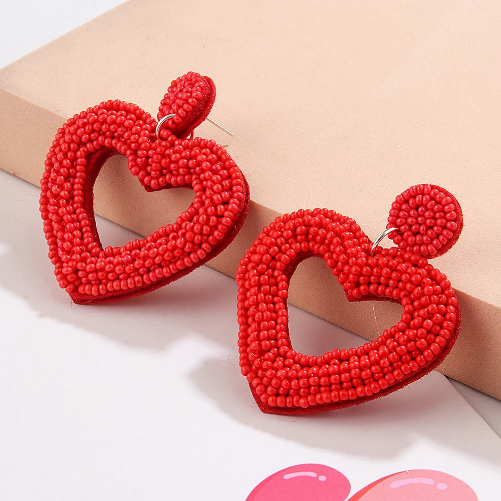 Beaded Heart Shaped Earrings - Handmade Statement Heart Dangle Earrings Gift for Valentine's Day and Mother's Day