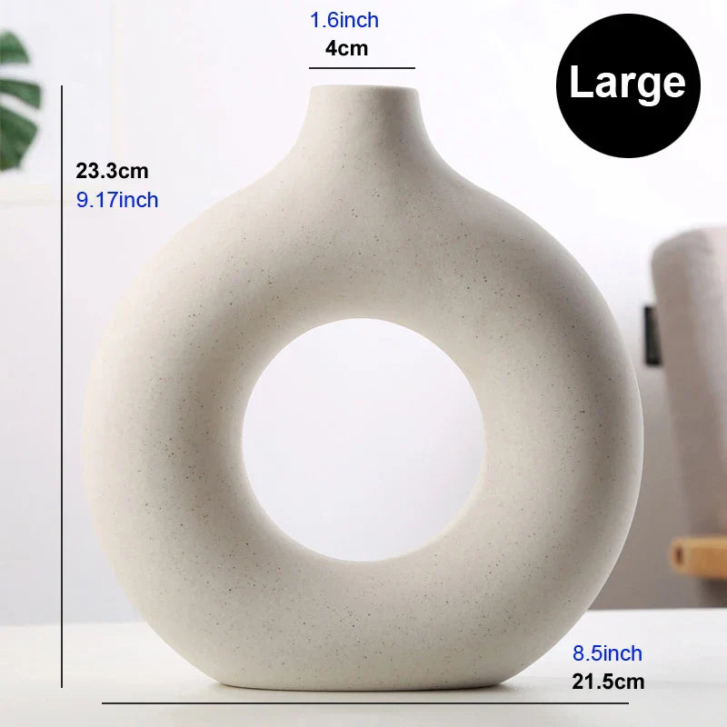 Nordic Ceramic Hollow Donut Vase - Modern Round Flower Pot for Home, Living Room & Office Decor