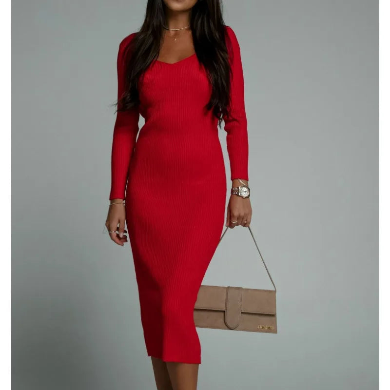 Women's V-Neck Solid Knitted Dress, Comfortable, Casual Clothing, Long Sleeved Dresses, Autumn, Winter, New Fashion